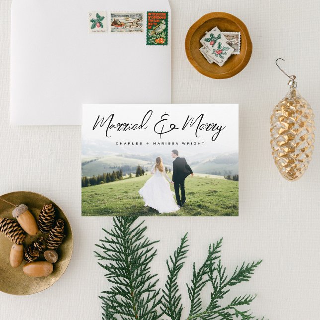Married & Merry Brush Script Christmas Full Photo Holiday Card (Creator Uploaded)