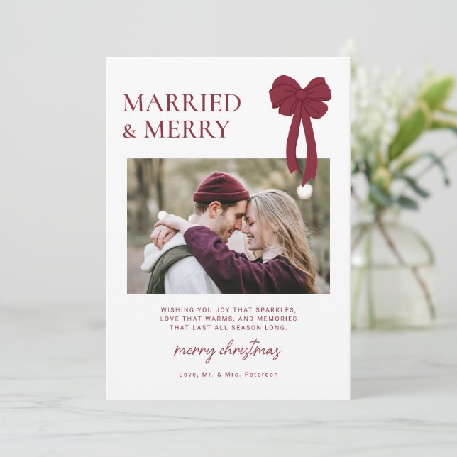 Married & Merry Burgundy Bow Photo Newlyweds Holiday Card (Standing Front)