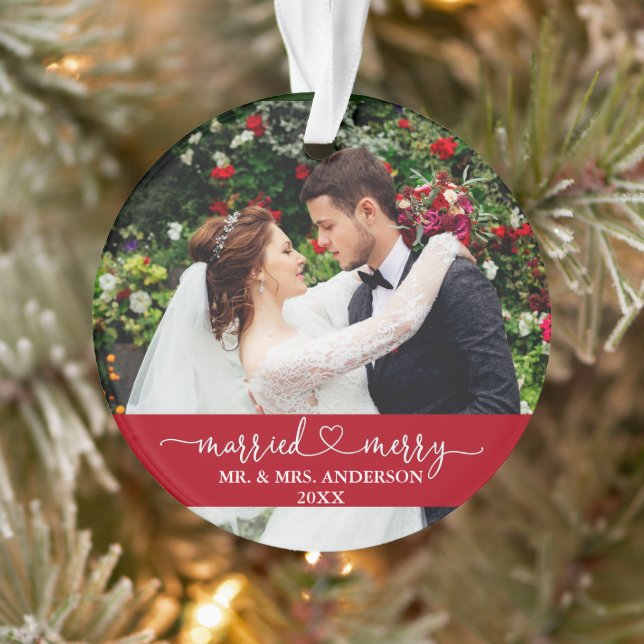 Married Merry Calligraphy Heart Photo Wedding Red Ornament (Tree)
