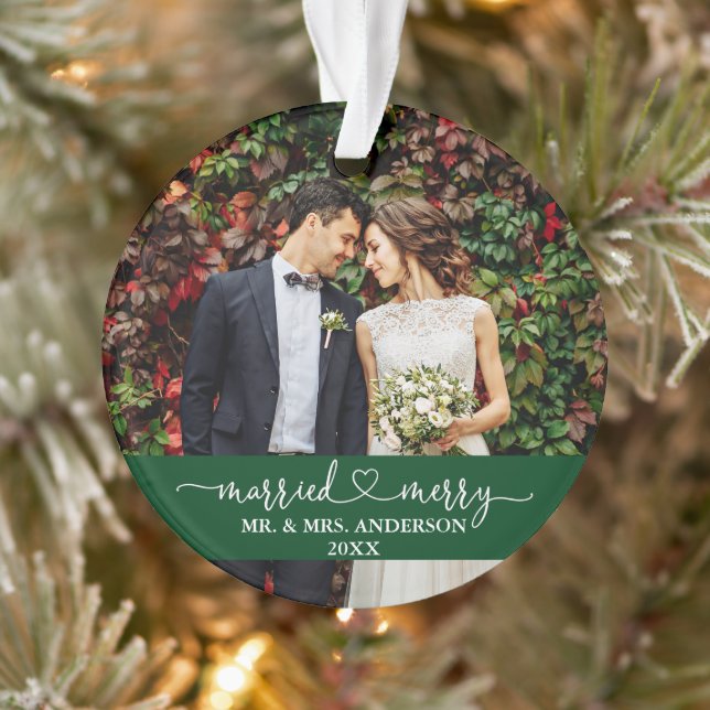 Married Merry Calligraphy Heart Wedding Green Ornament (Tree)