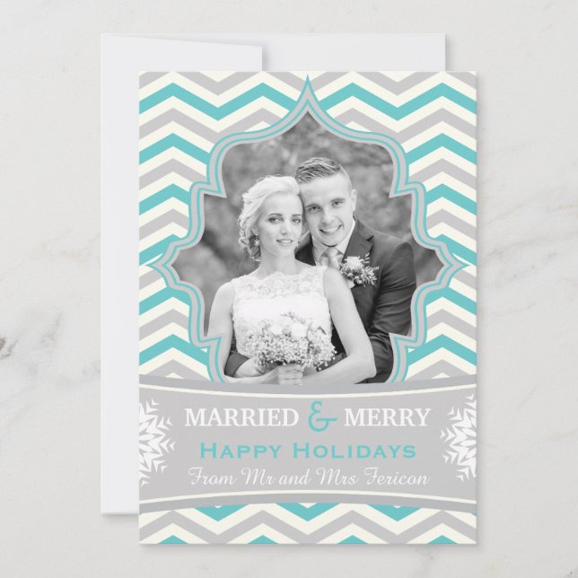 Married & Merry chevron Christmas photo card (Front)