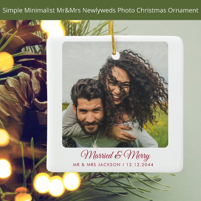 Married Merry Christmas Couple Newlyweds 2 Photos Ceramic Ornament (Creator Uploaded)