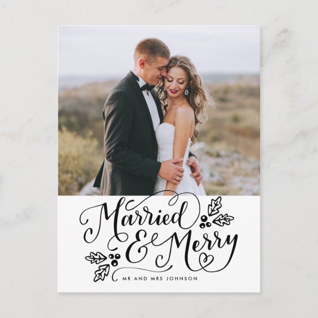 Married & Merry Christmas Handlettered Photo Postcard (Front)