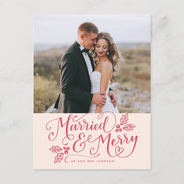 Married & Merry Christmas Handlettered Photo Postcard (Front)