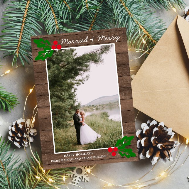 Married & Merry Christmas Happy Holidays Photo Holiday Card (Creator Uploaded)