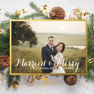 Married & Merry Christmas Holiday Photo Gold Frame Card