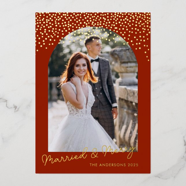 Married & Merry Christmas Photo Arch frame Red  Foil Holiday Card (Front)