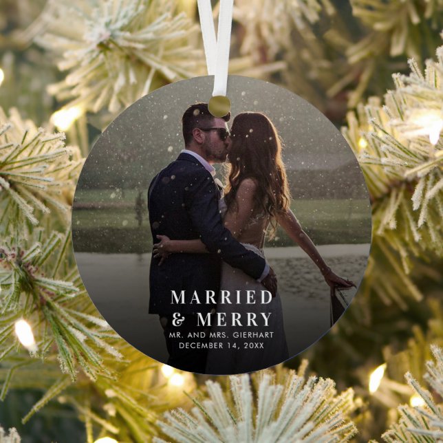 Married & Merry Christmas Wedding Photo Festive Metal Tree Decoration (Insitu)