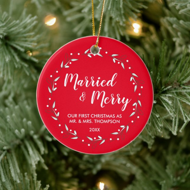 Married & Merry Christmas Wreath Wedding Photo Ceramic Tree Decoration (Tree)