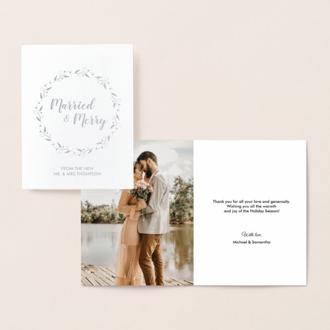 Married & Merry Christmas Wreath Wedding Photo Foil Card (Display)