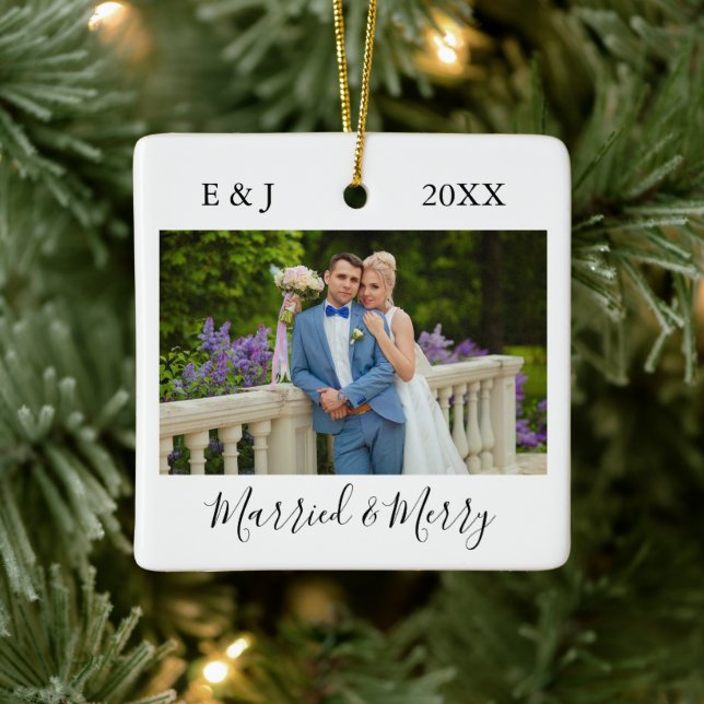 Married & Merry Couple Photo Ceramic Ornament (Tree)