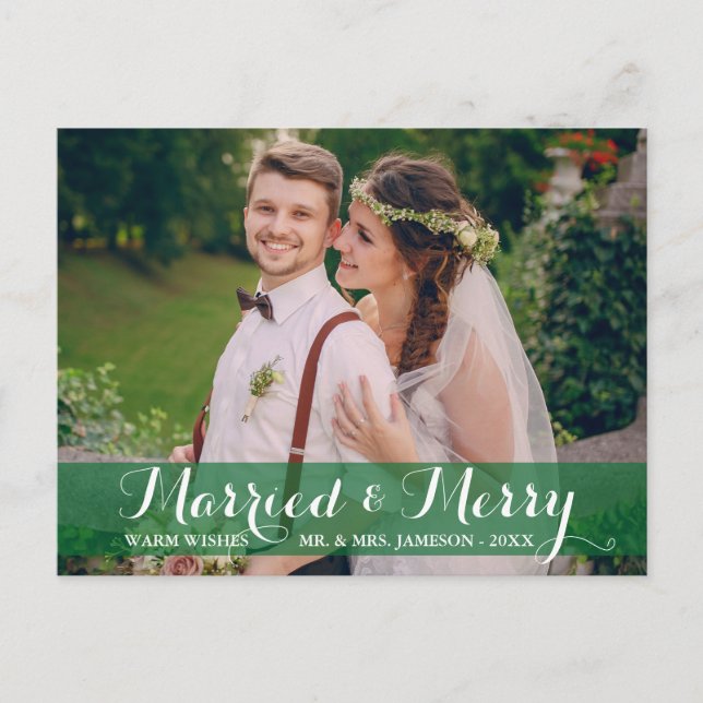 Married & Merry Couple Photo Postcard Green Trim (Front)