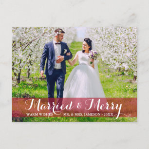 Married & Merry Couple Photo Postcard Red Trim