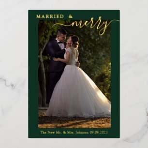Married & Merry Couple's 1st Christmas Photo Gold  Foil Holiday Card