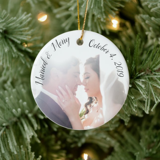 Married & Merry Custom Newlywed Photo Ceramic Tree Decoration (Tree)