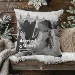Married & Merry | Elegant Black & White Wedding  Cushion<br><div class="desc">Celebrate your love story in timeless style with this “Married & Merry” custom photo pillow. Featuring your favourite black-and-white wedding photo and elegant typography, this pillow adds a romantic touch to any home — perfect for newlyweds, anniversaries, or as a meaningful wedding gift. Customise it with your names or wedding...</div>