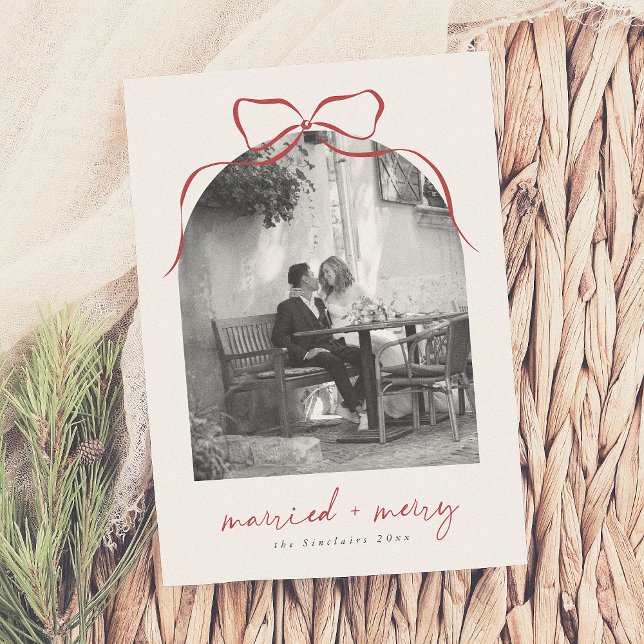Married & Merry Elegant Bow Arch Photo Holiday Card (Creator Uploaded)