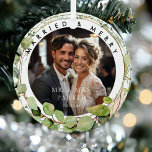 Married & Merry!  Elegant, Eucalyptus, Photo Metal Tree Decoration<br><div class="desc">Celebrate your first Christmas as a married couple with this elegant and timeless metal photo ornament. Featuring a simple yet refined script font, this customisable ornament allows you to add your favourite wedding photo and personalise the names, date, or message to create a cherished keepsake. Simply edit the design in...</div>