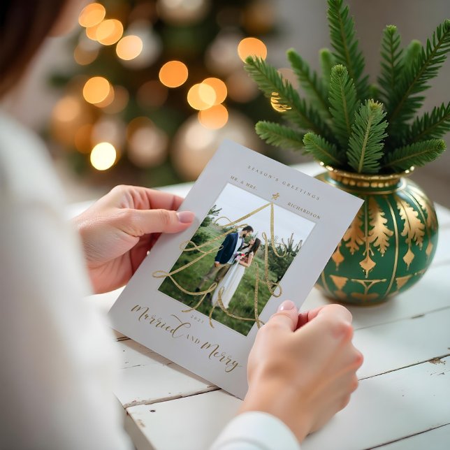 Married & Merry Elegant Gold Christmas Tree Photo Holiday Card (Married & Merry Elegant Gold Christmas Tree Photo Holiday Card)