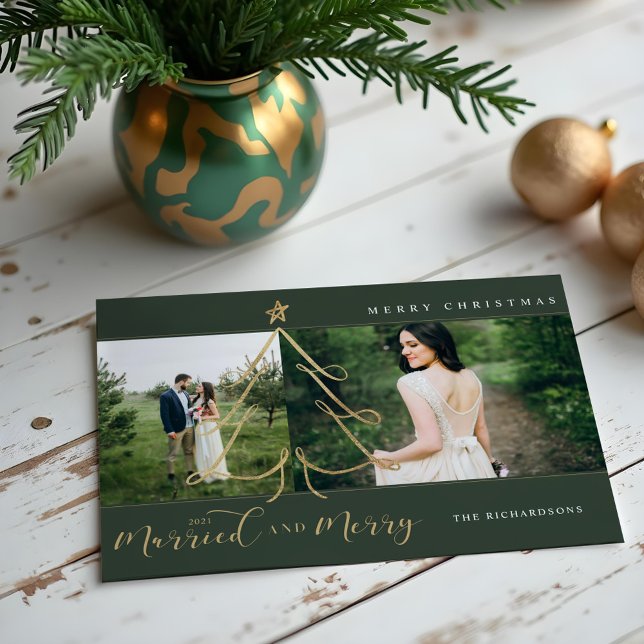 Married & Merry Elegant Gold Holiday Tree 2 Photo Card (Married & Merry Elegant Gold Holiday Tree 2 Photo)