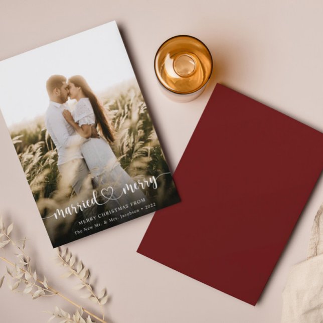 Married & Merry Elegant Script Photo Holiday Card (Creator Uploaded)