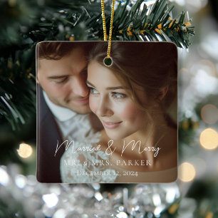 Married & Merry! Elegant, Simpel, Photo Ceramic Ornament