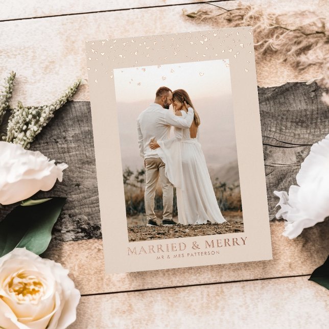 Married & Merry Falling Hearts Photo Rose Gold  Foil Holiday Card (Creator Uploaded)