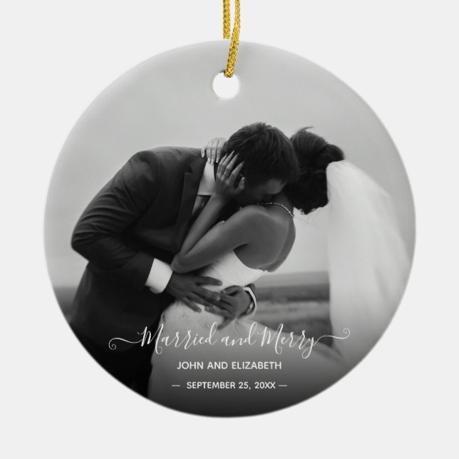 Married Merry First Christmas Black White Photo  O Ceramic Tree Decoration (Front)