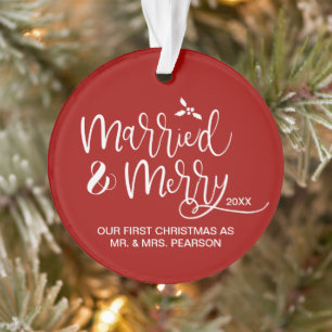 Married & Merry First Christmas double sided red Ornament