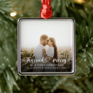 Married & Merry First Christmas Together Photo Metal Tree Decoration
