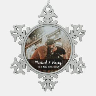 Married & Merry First Christmas   Wedding Photo Snowflake Pewter Christmas Ornament