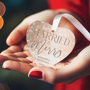 Married & Merry Gold Classy Twinkling Lights Photo Ornament