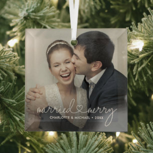 Married & Merry Heart Script Modern Custom Wedding Glass Tree Decoration