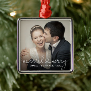 Married & Merry Heart Script Modern Custom Wedding Metal Tree Decoration