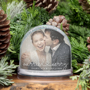 Married & Merry Heart Script Modern Wedding Custom Snowglobe