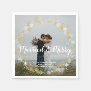 married & merry holiday photo wedding napkin