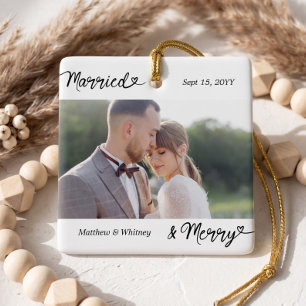 Married & Merry Minimal Wedding Photo Keepsake Ceramic Ornament