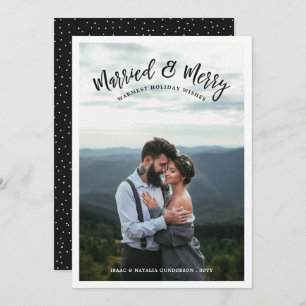 Married & Merry Modern Chistmas Photo Black Holiday Card