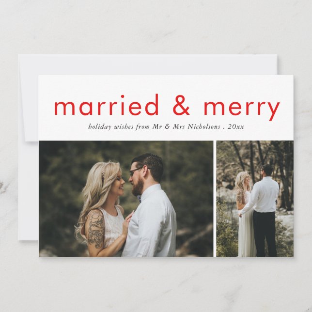 Married & Merry Modern Elegant Red Script Photo Holiday Card (Front)