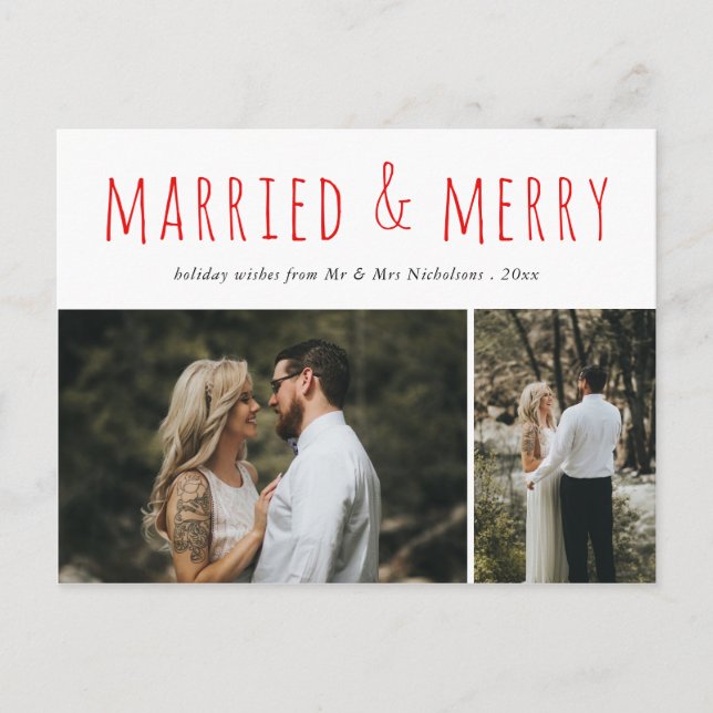 Married & Merry Modern Elegant Red Script Photo Holiday Postcard (Front)