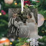 Married & Merry Modern Mr & Mrs Photo Glass Tree Decoration<br><div class="desc">Married & Merry Couples Christmas Ornament. A modern design with a full photo design. Customise with your special photo, year, and name. "Mr & Mrs" photo overlay in an elegant typography. Perfect keepsake ornament with couples celebrating their first Christmas together as a married couple. Photo Tip : To re-position picture,...</div>