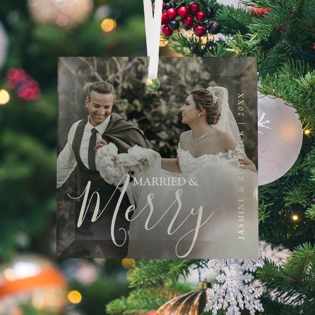 Married & Merry Modern Mr & Mrs Photo Glass Tree Decoration (Creator Uploaded)