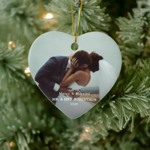 Married & Merry Modern Photo Typography Elegant Ceramic Tree Decoration