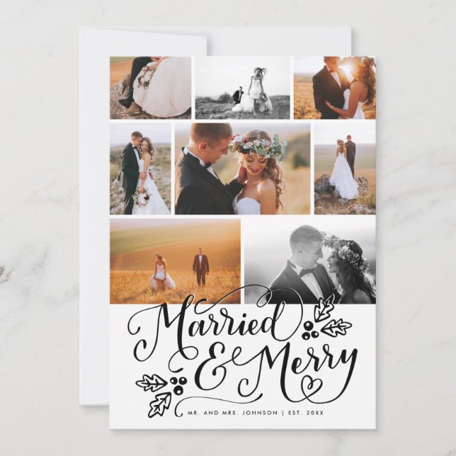 Married & Merry Multi-Photo Christmas Collage Holiday Card (Front)