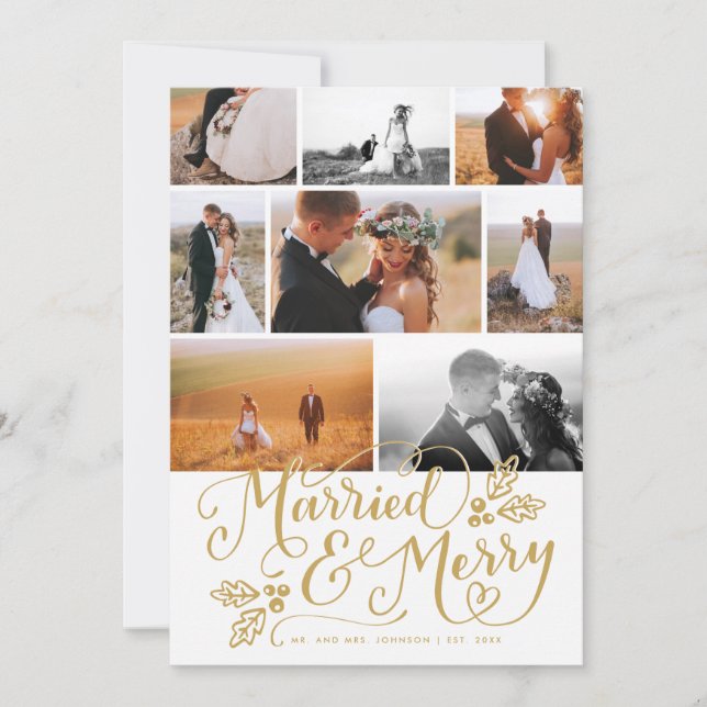Married & Merry Multi-Photo Christmas Collage Holiday Card (Front)