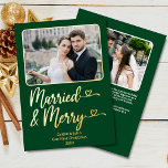 Married Merry Newlywed 1st Christmas Photo Green Foil Holiday Card<br><div class="desc">Married and Merry Our First Christmas 2-photo foil greeting card in forest green is the perfect way to celebrate a newlywed couple's first Christmas, with its clean and modern font with hearts and classic holiday colours, as well as a personalised message on the back. The playful "Married and Merry" message...</div>