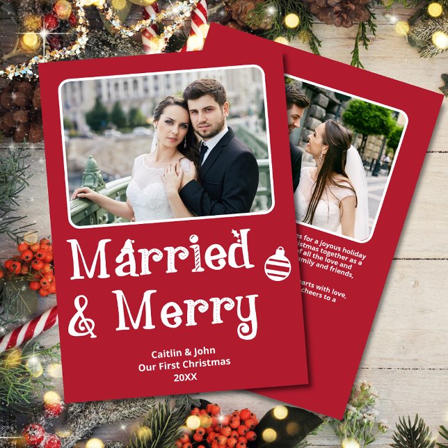 Married Merry Newlywed 1st Christmas Photo Red Holiday Card (Married & Merry Custom Red 2-Photo Christmas Card, whimsical font, personal message on the back.)