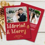 Married Merry Newlywed 1st Christmas Red Photo Foil Holiday Card<br><div class="desc">This Married and Merry Our First Christmas 2-photo gold foil greeting card in Christmas Red is the perfect way to celebrate a newlywed couple's first Christmas, with its festive font and classic holiday colours, as well as a personalised message on the back. The playful "Married and Merry" message is a...</div>