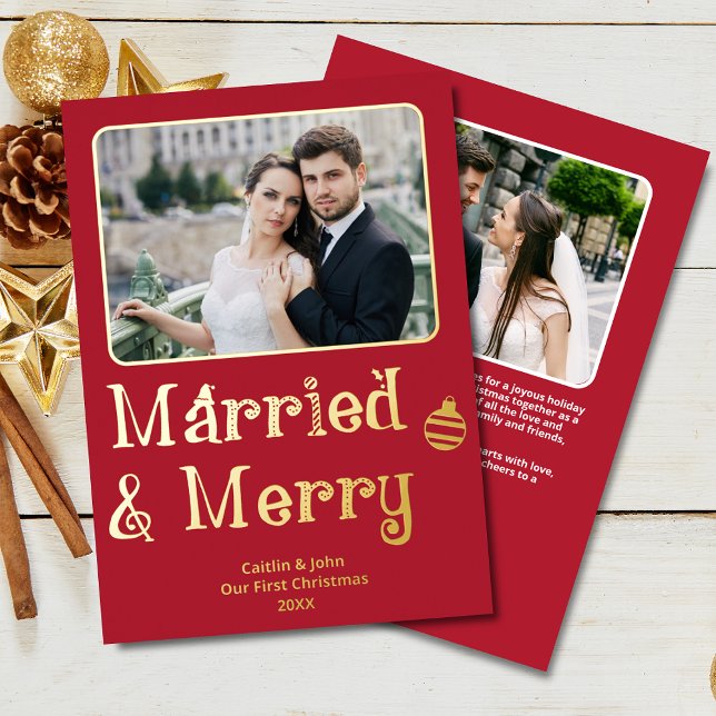 Married Merry Newlywed 1st Christmas Red Photo Foil Holiday Card (Married & Merry Custom 2-Photo Real Foil Christmas Card in Red with message and photo on back.)