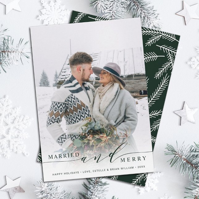 Married & Merry Newlywed Green Holiday Photo Card (Creator Uploaded)
